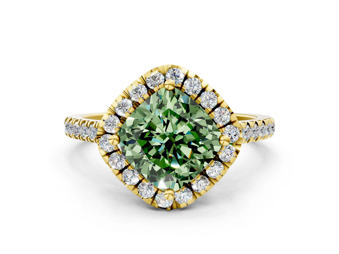 Yellow gold Fancy Green Cushion Cut Diamond Cushion Halo Ring with Pavé Band