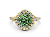 Yellow gold Fancy Green Cushion Cut Diamond Cushion Halo Ring with Pavé Band