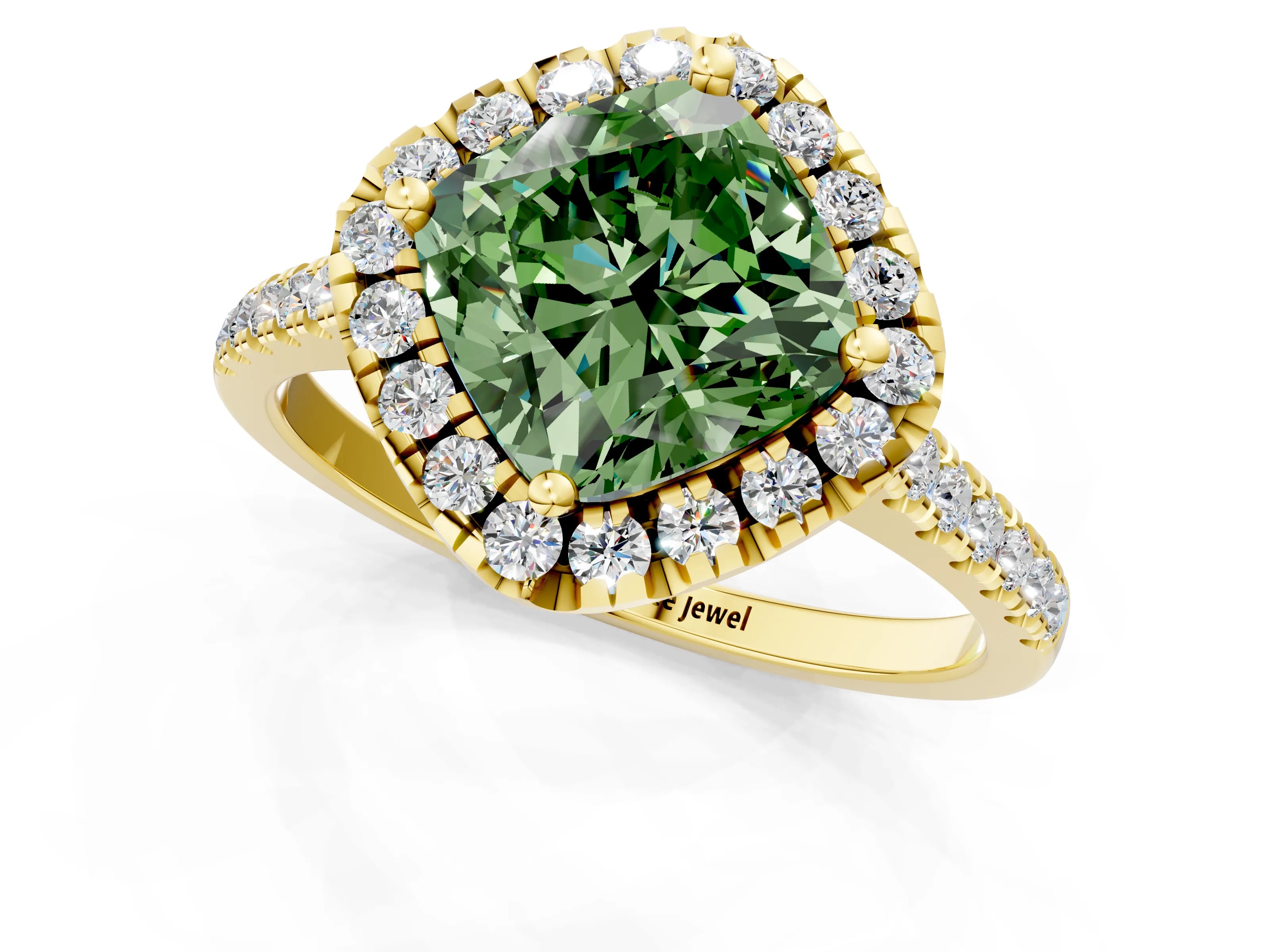 Yellow gold Fancy Green Cushion Cut Diamond Cushion Halo Ring with Pavé Band_1