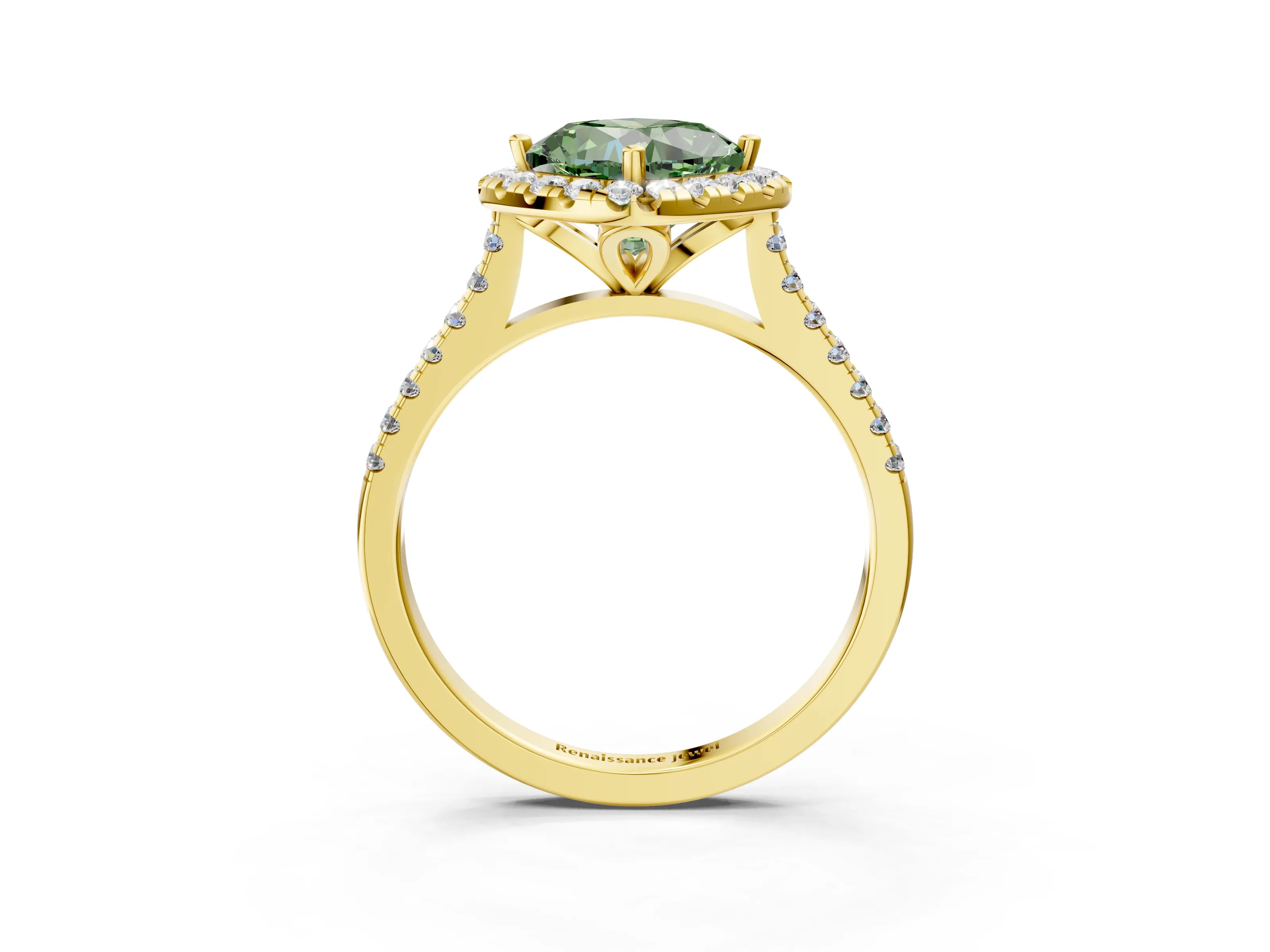 Yellow gold Fancy Green Cushion Cut Diamond Cushion Halo Ring with Pavé Band_3