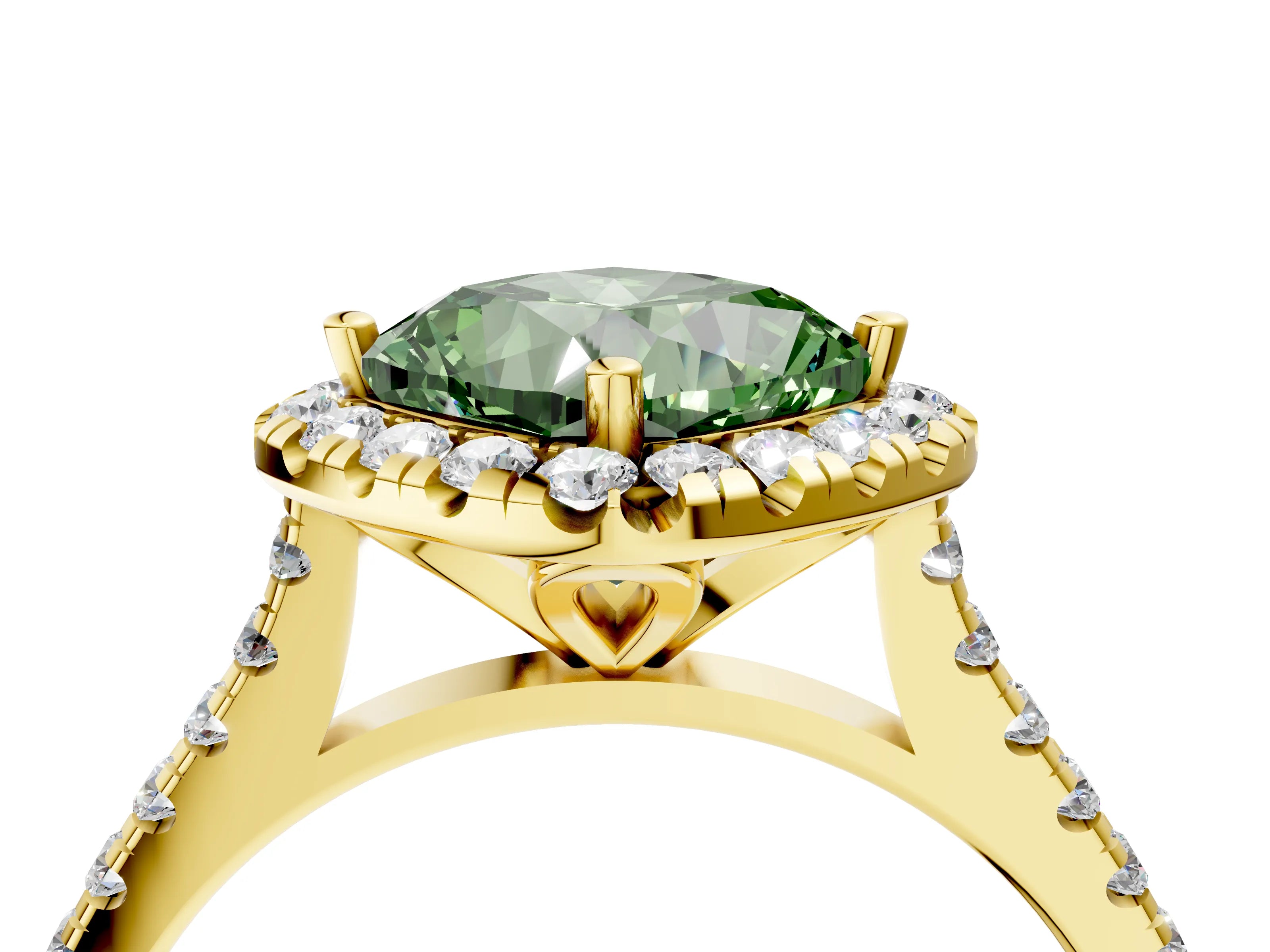 Yellow gold Fancy Green Cushion Cut Diamond Cushion Halo Ring with Pavé Band_4