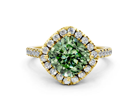 Yellow gold Fancy Green Cushion Cut Diamond Cushion Halo Ring with Pavé Band