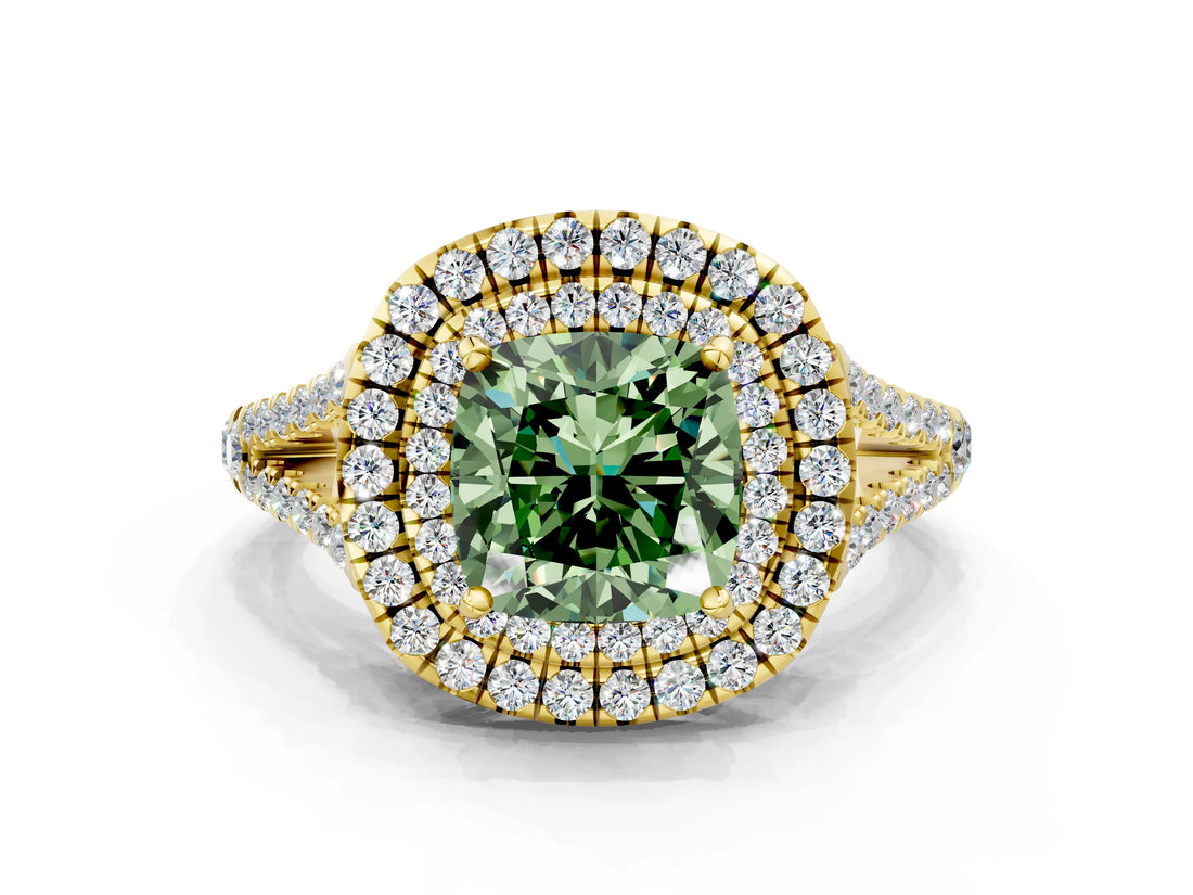 Yellow gold Fancy Green Cushion Cut Diamond Double Halo Ring with Pavé Band and Prong Setting_57