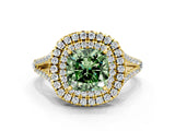 Yellow gold Fancy Green Cushion Cut Diamond Double Halo Ring with Pavé Band and Prong Setting_57