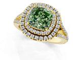 Yellow gold Fancy Green Cushion Cut Diamond Double Halo Ring with Pavé Band and Prong Setting_58