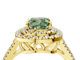 Yellow gold Fancy Green Cushion Cut Diamond Double Halo Ring with Pavé Band and Prong Setting_61