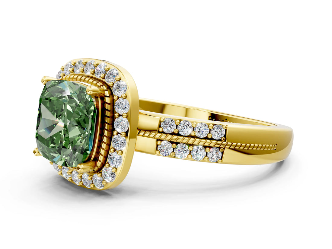 Yellow gold Fancy Green Cushion Cut Diamond Double Halo Ring with Split Shank and Four-Prong Setting
