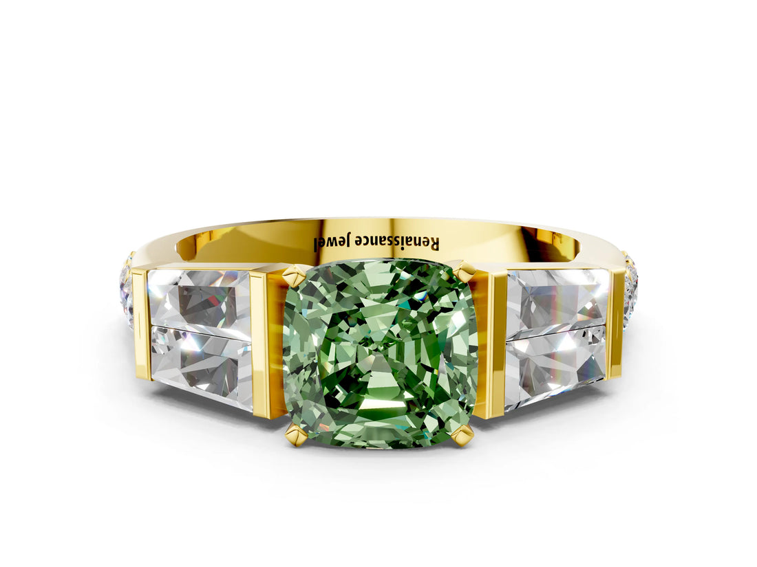 Yellow gold Fancy Green Cushion Cut Diamond Engagement Ring with Baguette Side Stones and Channel Set Band_20