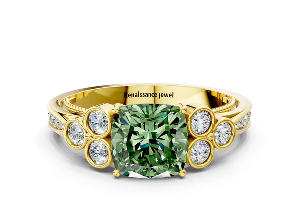 Yellow gold Fancy Green Cushion  Cut Diamond Engagement Ring with Bezel Set Round Side Stones and Prong Setting