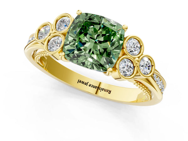 Yellow gold Fancy Green Cushion  Cut Diamond Engagement Ring with Bezel Set Round Side Stones and Prong Setting