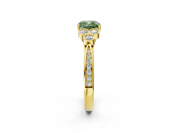 Yellow gold Fancy Green Cushion  Cut Diamond Engagement Ring with Bezel Set Round Side Stones and Prong Setting