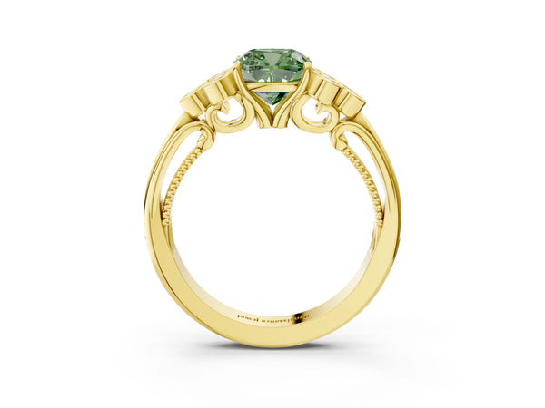 Yellow gold Fancy Green Cushion  Cut Diamond Engagement Ring with Bezel Set Round Side Stones and Prong Setting