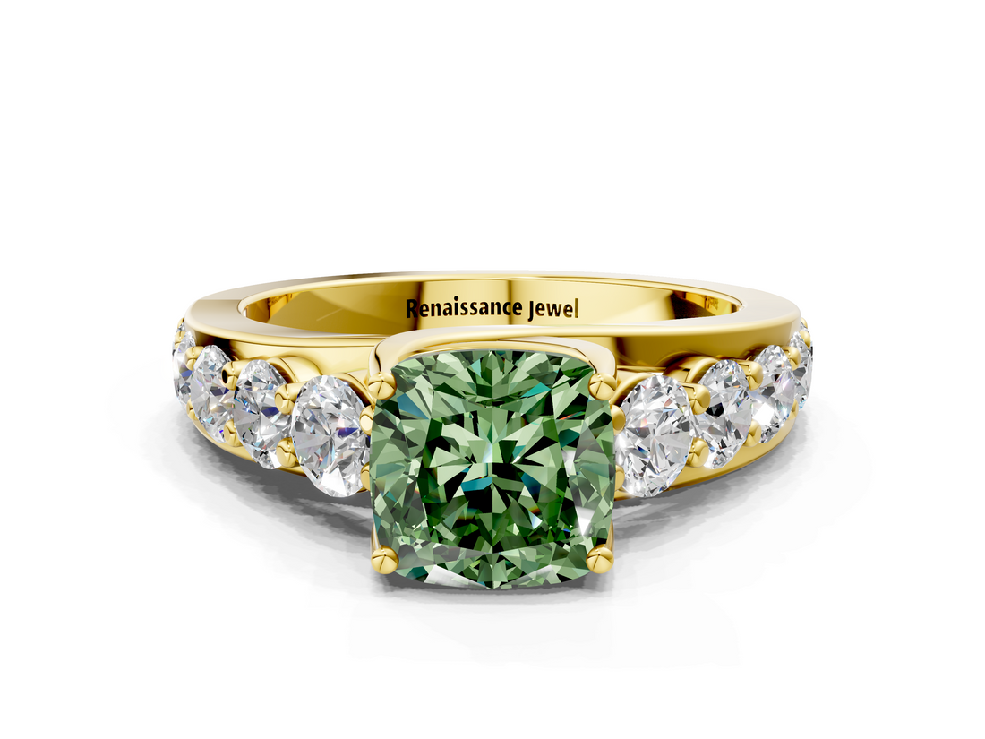 Yellow gold Fancy Green Cushion  Cut Diamond Engagement Ring with Pavé Band and Four-Prong Setting_3