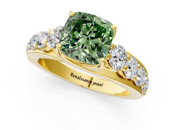 Yellow gold Fancy Green Cushion Cut Diamond Engagement Ring with Pavé Band and Four-Prong Setting