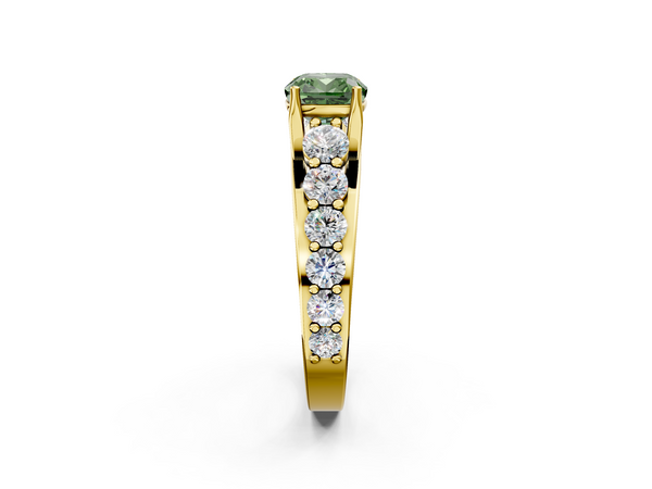 Yellow gold Fancy Green Cushion Cut Diamond Engagement Ring with Pavé Band and Four-Prong Setting