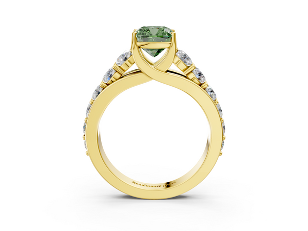 Yellow gold Fancy Green Cushion Cut Diamond Engagement Ring with Pavé Band and Four-Prong Setting