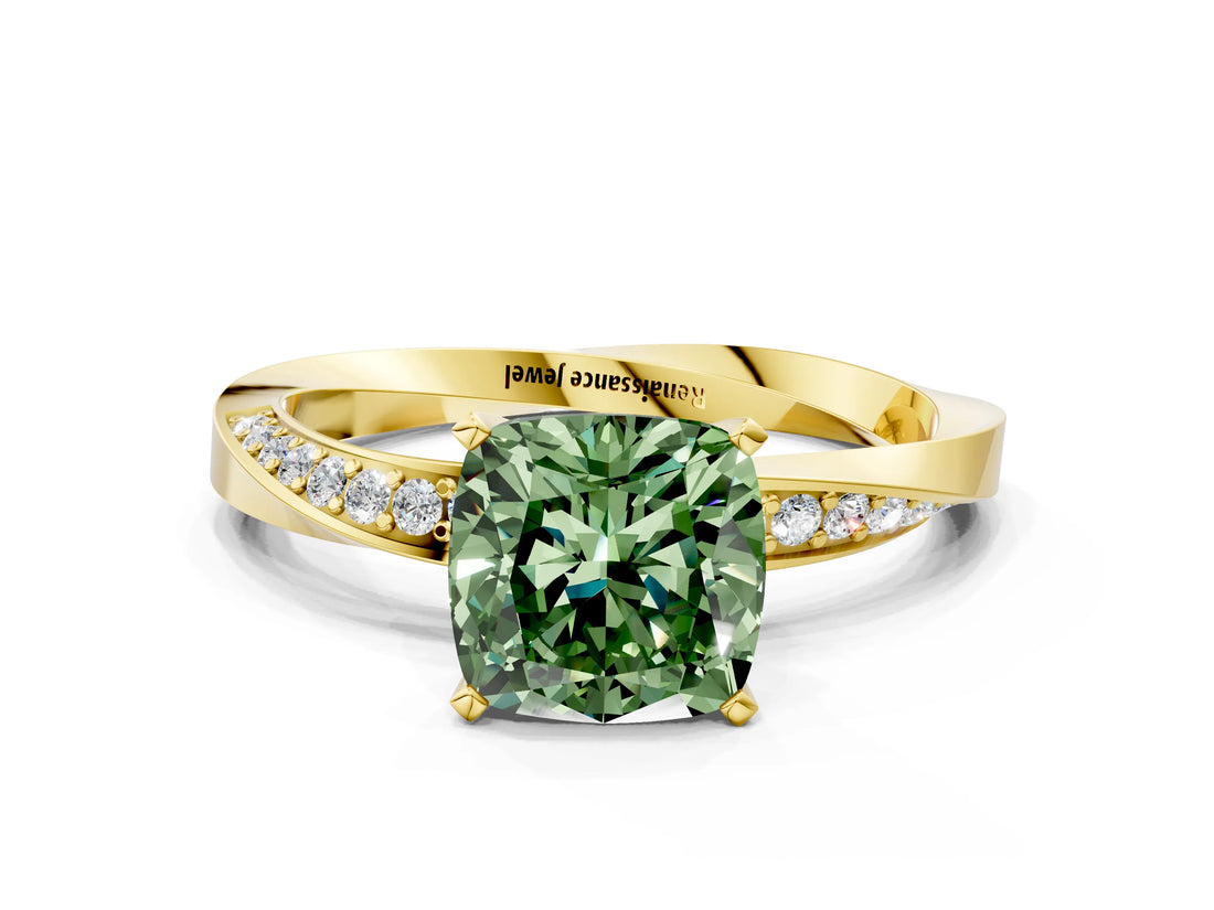 Yellow gold Fancy Green Cushion Cut Diamond Engagement Ring with Side Stone Accents and Four-Prong Setting_12
