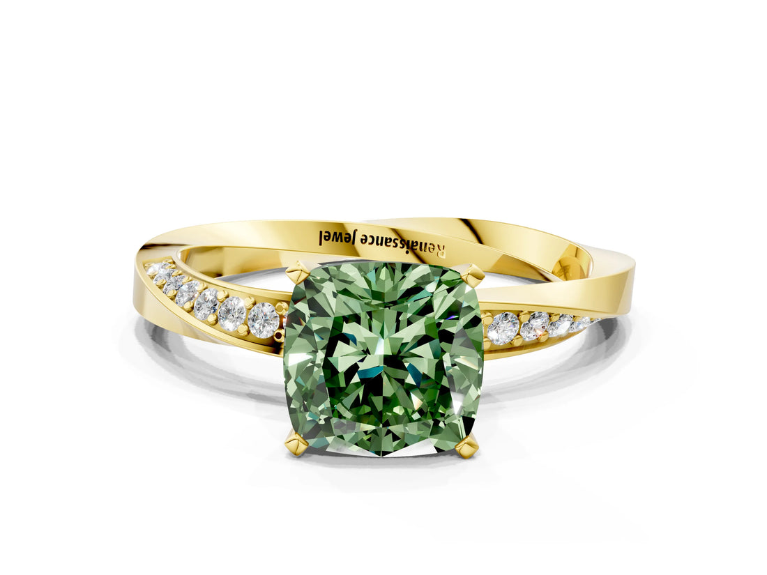 Yellow gold Fancy Green Cushion Cut Diamond Engagement Ring with Side Stone Accents and Four-Prong Setting_72