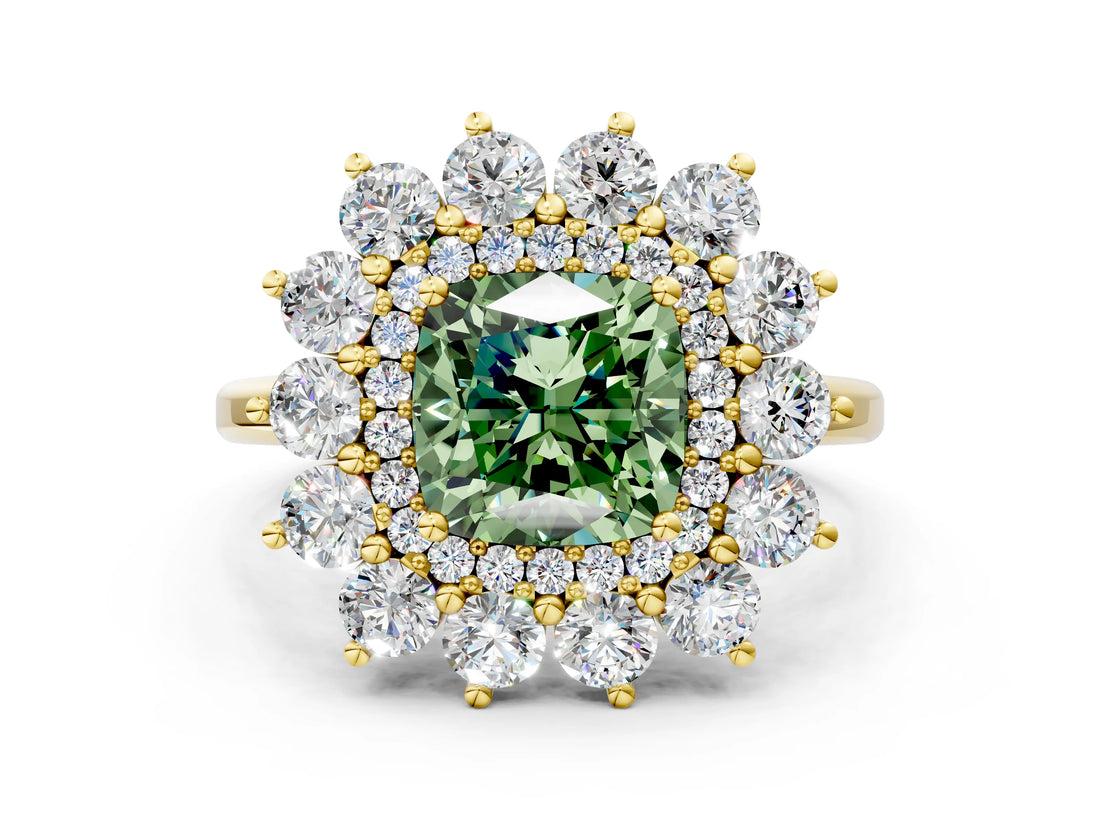 Yellow gold Fancy Green Cushion Cut Diamond Floral Double Halo Engagement Ring with Prong Setting_24