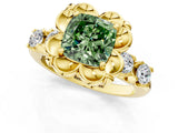 Yellow gold Fancy Green Cushion  Cut Diamond Floral Halo Engagement Ring with Shared Prong Setting 1