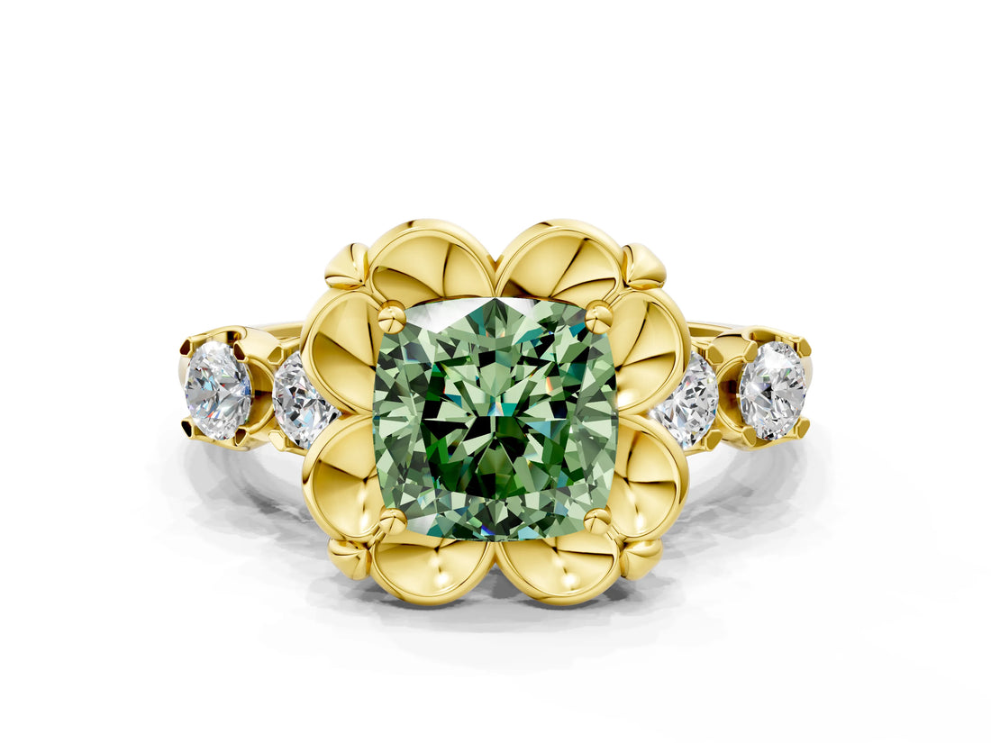 Yellow gold Fancy Green Cushion  Cut Diamond Floral Halo Engagement Ring with Shared Prong Setting