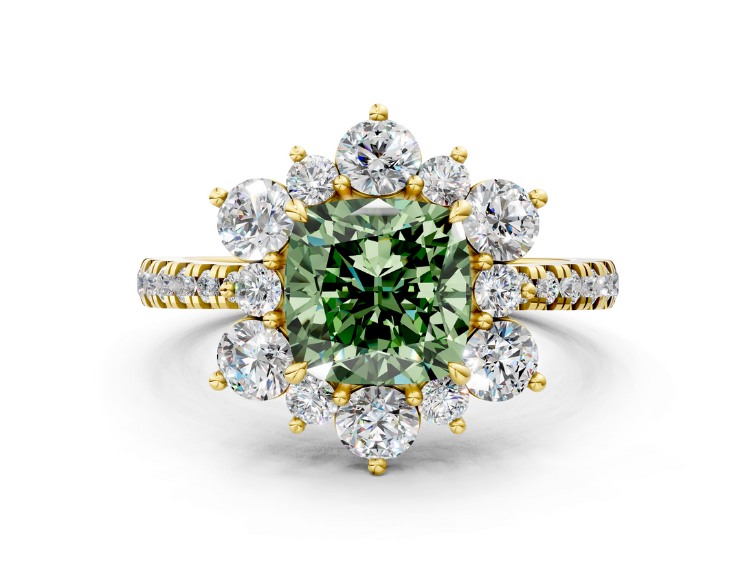 Yellow gold Fancy Green Cushion  Cut Diamond Floral Halo Pave Band with Prong Setting_37