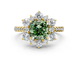 Yellow gold Fancy Green Cushion  Cut Diamond Floral Halo Pave Band with Prong Setting_37