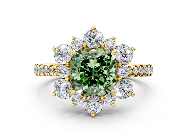 Yellow gold Fancy Green Cushion  Cut Diamond Floral Halo Pave Band with Prong Setting
