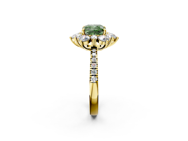 Yellow gold Fancy Green Cushion  Cut Diamond Floral Halo Pave Band with Prong Setting