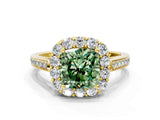 Yellow gold Fancy Green Cushion Cut Diamond Floral Halo Ring with Pavé Band and Prong Setting_3