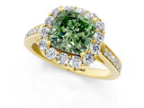 Yellow gold Fancy Green Cushion Cut Diamond Floral Halo Ring with Pavé Band and Prong Setting_4