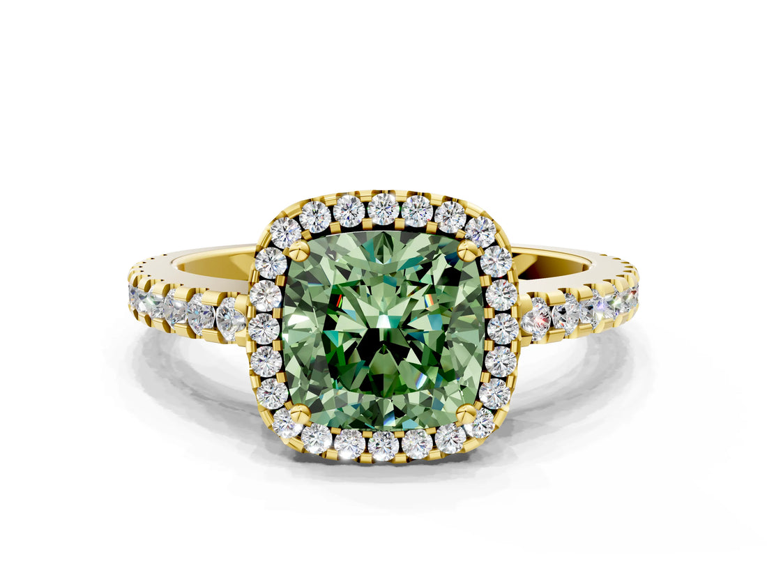 Yellow gold Fancy Green Cushion Cut Diamond Halo Engagement Ring with Pavé Band and Prong Setting_27