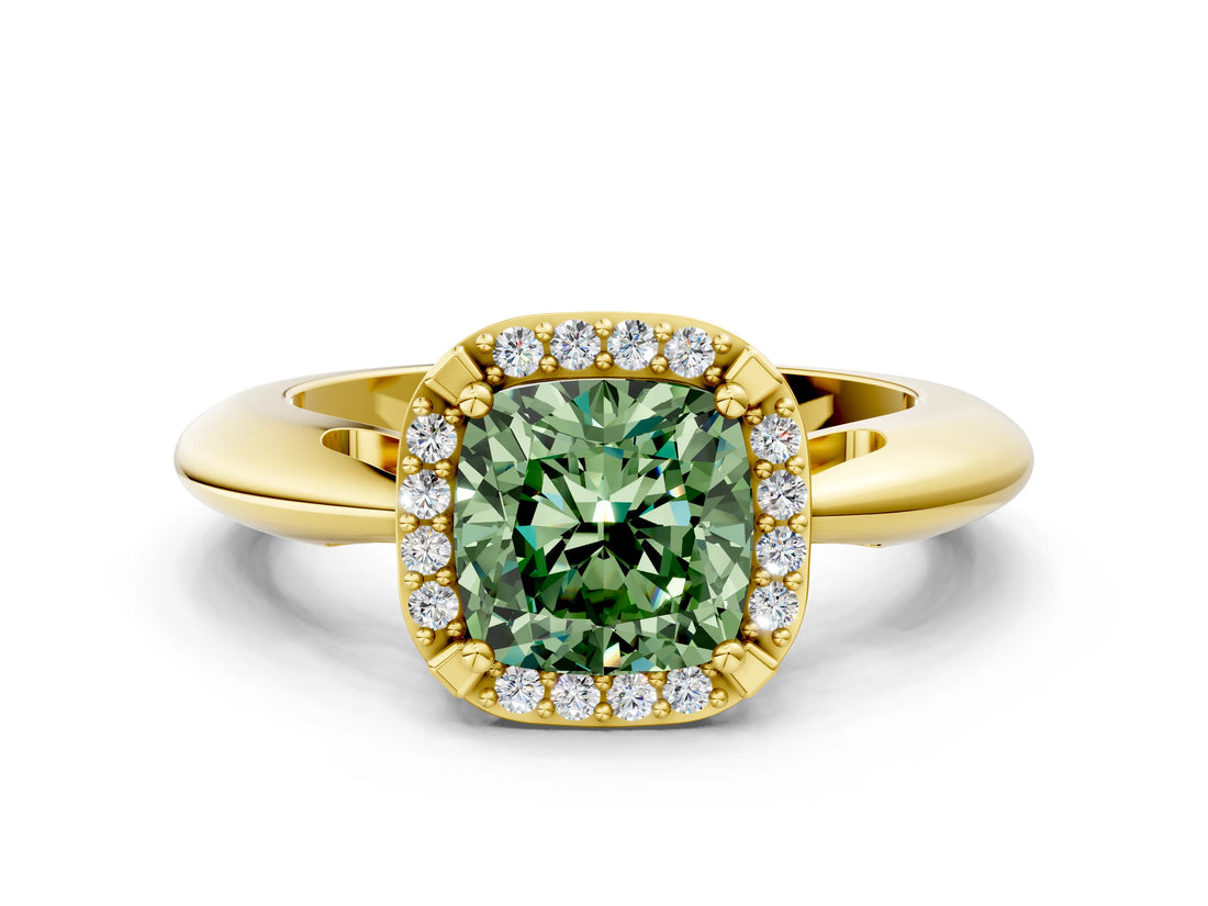 Yellow gold Fancy Green Cushion  Cut Diamond Halo Engagement Ring with Split Shank and Four-Prong Setting_90