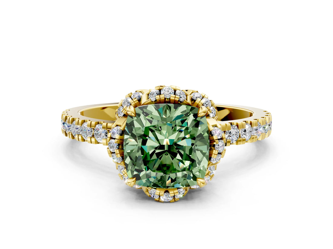 Yellow gold Fancy Green Cushion Cut Diamond Halo Pave Band with Four-Prong Setting_3