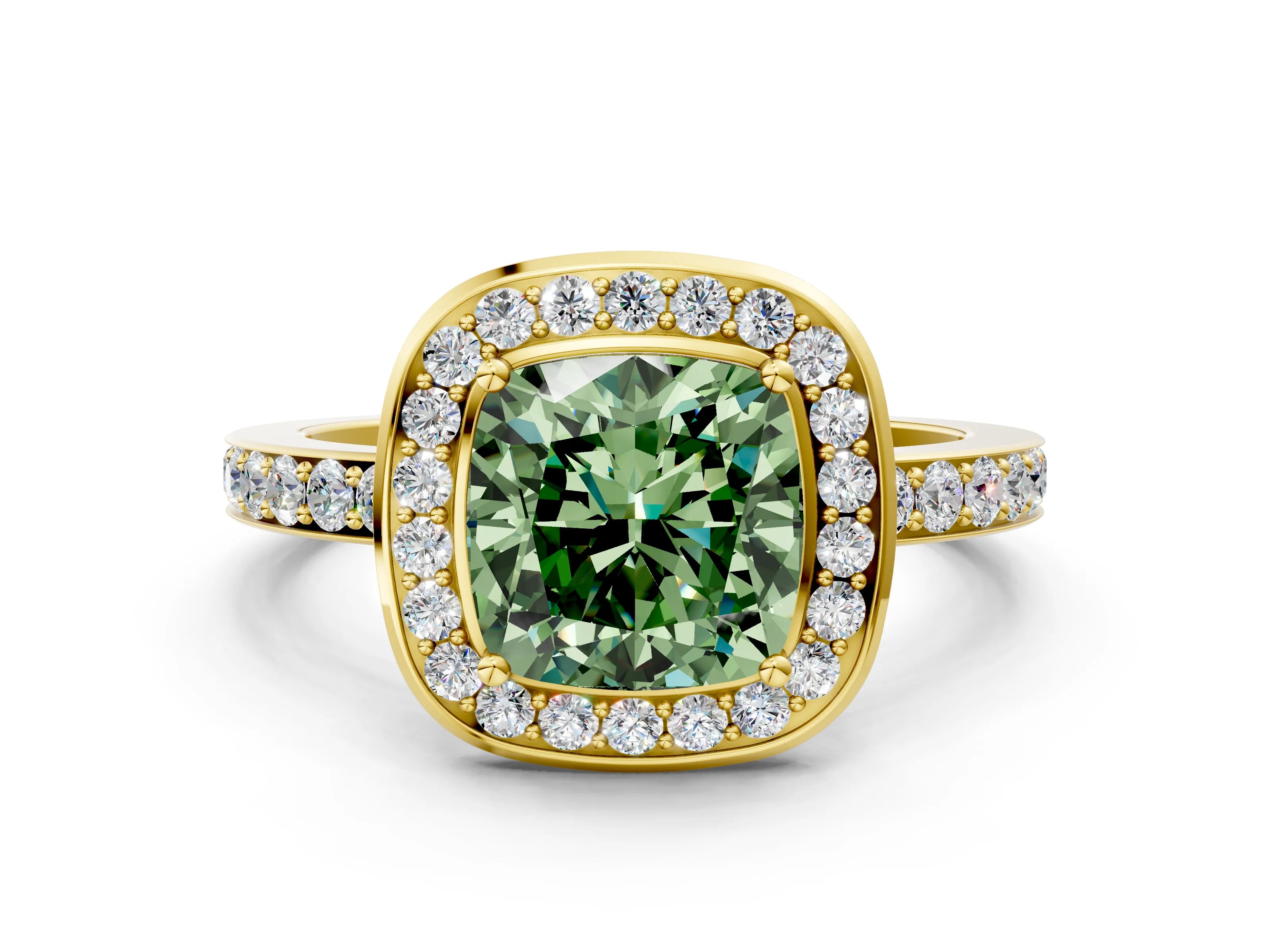 Yellow gold Fancy Green Cushion Cut Diamond Halo Ring with Bezel Frame and Pavé Band