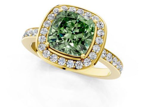 Yellow gold Fancy Green Cushion Cut Diamond Halo Ring with Bezel Frame and Pavé Band_1