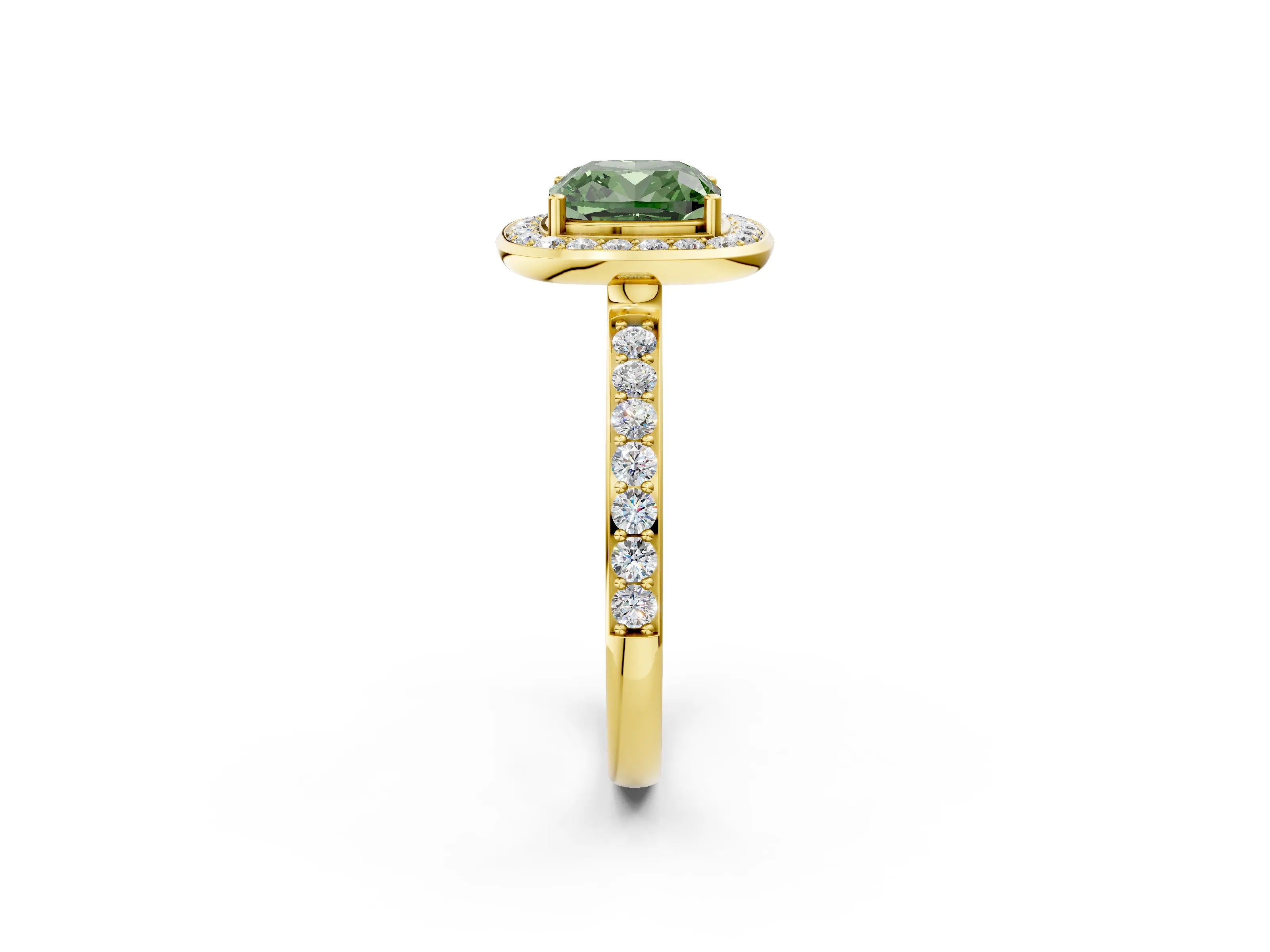 Yellow gold Fancy Green Cushion Cut Diamond Halo Ring with Bezel Frame and Pavé Band_2