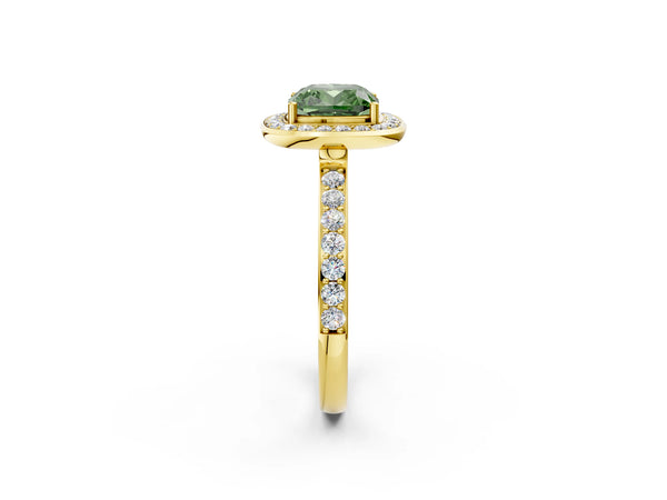 Yellow gold Fancy Green Cushion Cut Diamond Halo Ring with Bezel Frame and Pavé Band