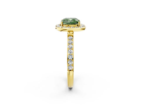 Yellow gold Fancy Green Cushion Cut Diamond Halo Ring with Bezel Frame and Pavé Band_2