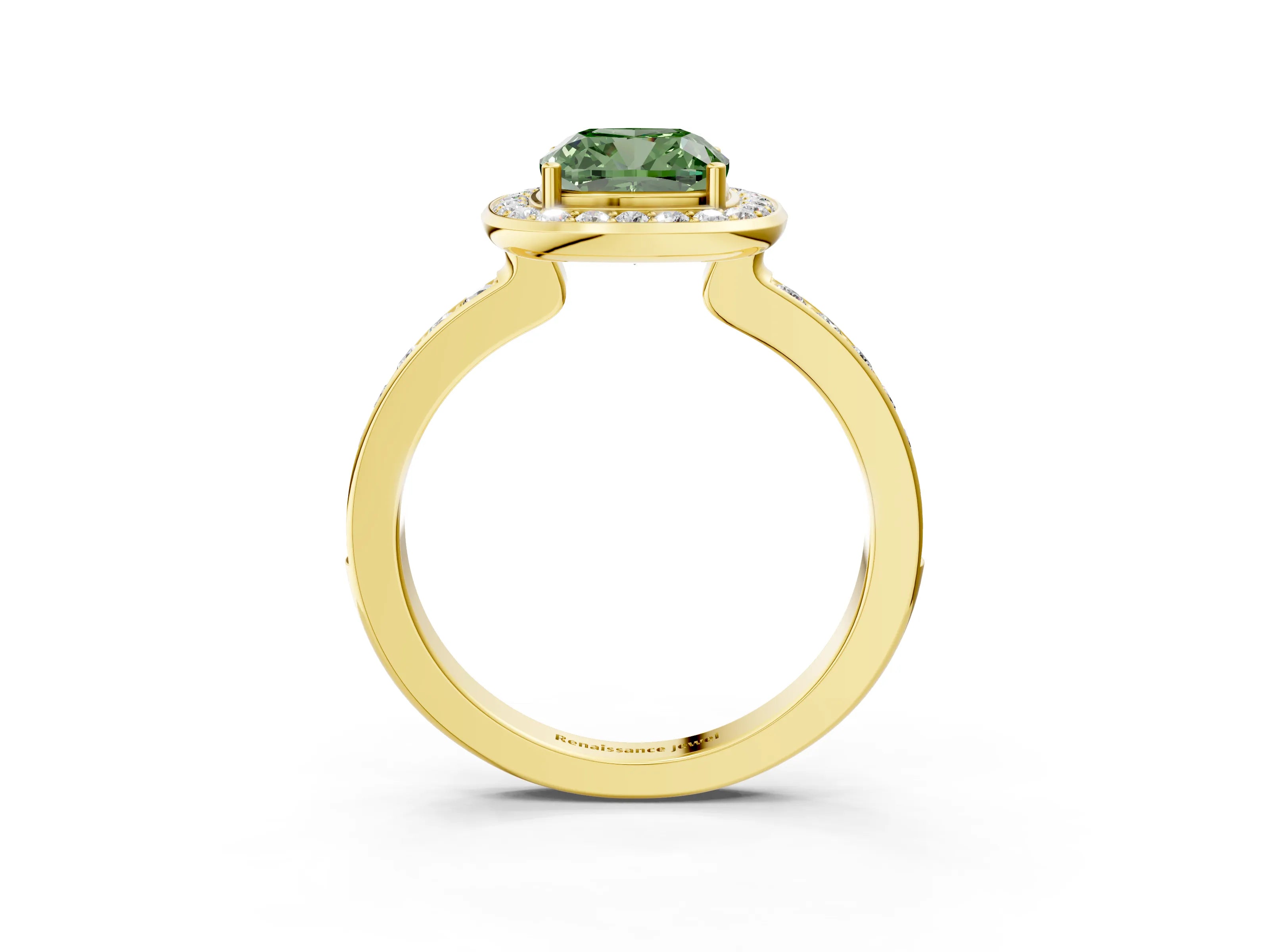 Yellow gold Fancy Green Cushion Cut Diamond Halo Ring with Bezel Frame and Pavé Band_3