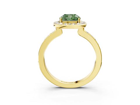 Yellow gold Fancy Green Cushion Cut Diamond Halo Ring with Bezel Frame and Pavé Band_3