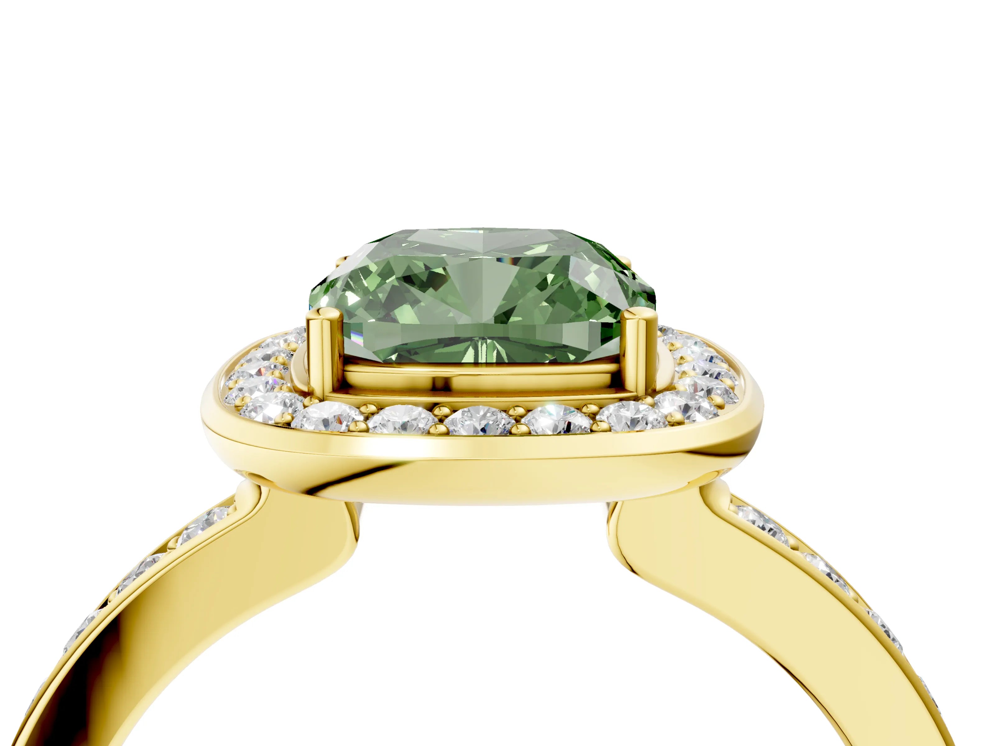 Yellow gold Fancy Green Cushion Cut Diamond Halo Ring with Bezel Frame and Pavé Band_4