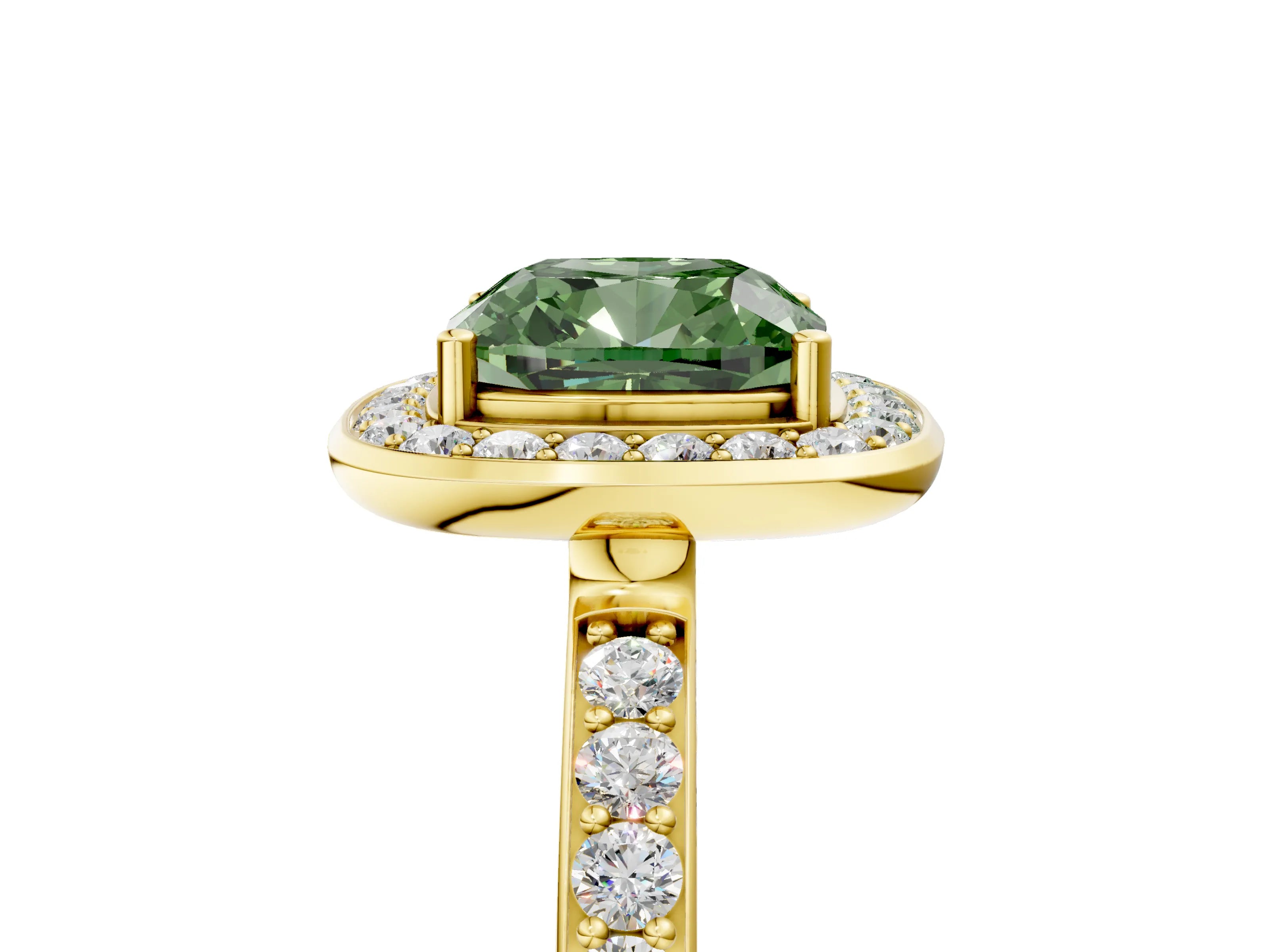 Yellow gold Fancy Green Cushion Cut Diamond Halo Ring with Bezel Frame and Pavé Band_5