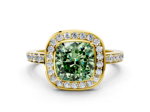 Yellow gold Fancy Green Cushion Cut Diamond Halo Ring with Bezel Frame and Pavé Band