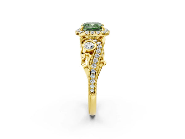 Yellow gold Fancy Green Cushion Cut Diamond Halo Ring with Milgrain Pavé Band and Four-Prong Setting