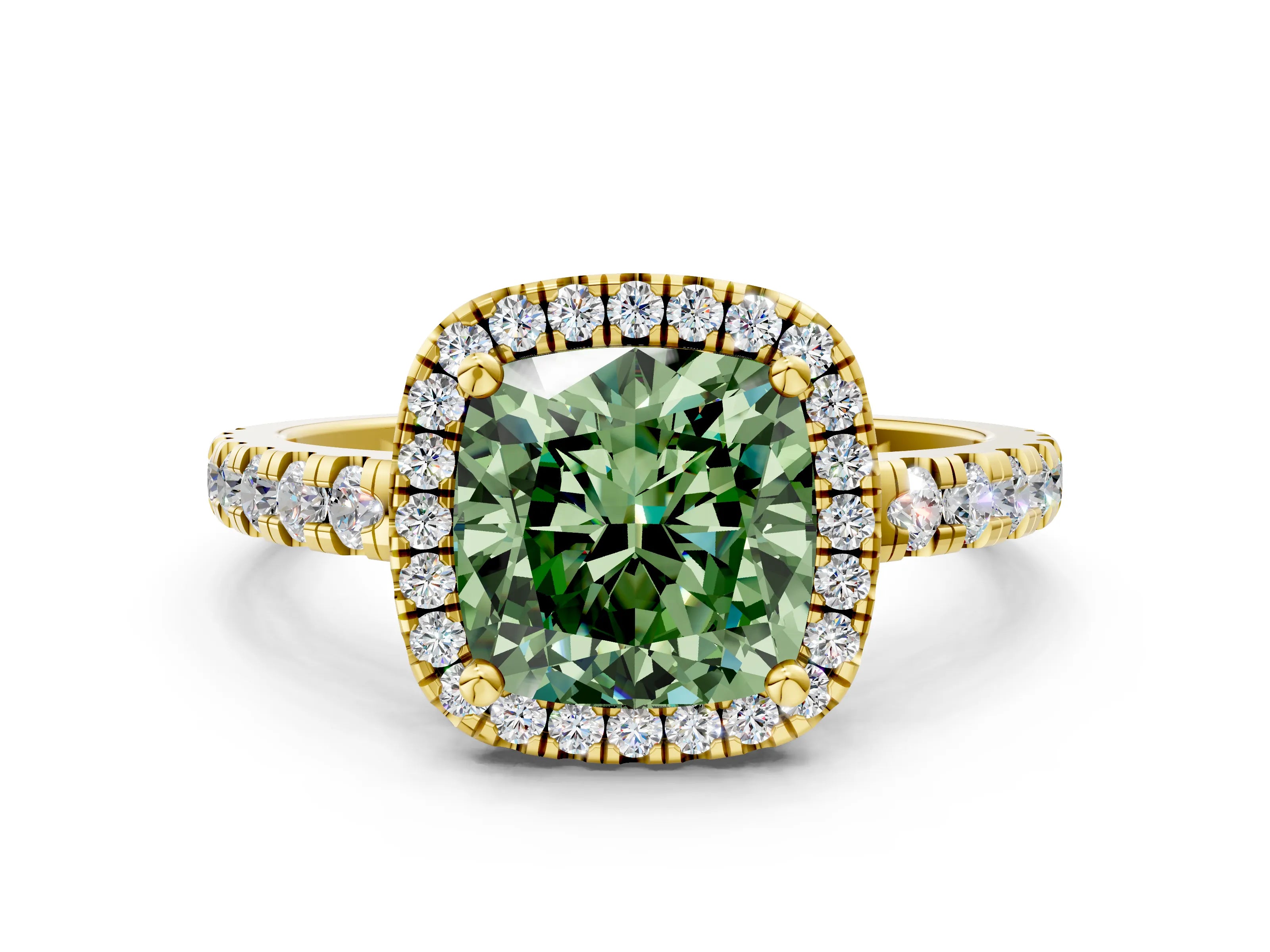 Yellow gold Fancy Green Cushion Cut Diamond Halo Ring with Pavé Band and Four-Prong Setting