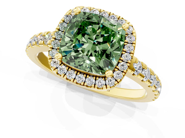 Yellow gold Fancy Green Cushion Cut Diamond Halo Ring with Pavé Band and Four-Prong Setting