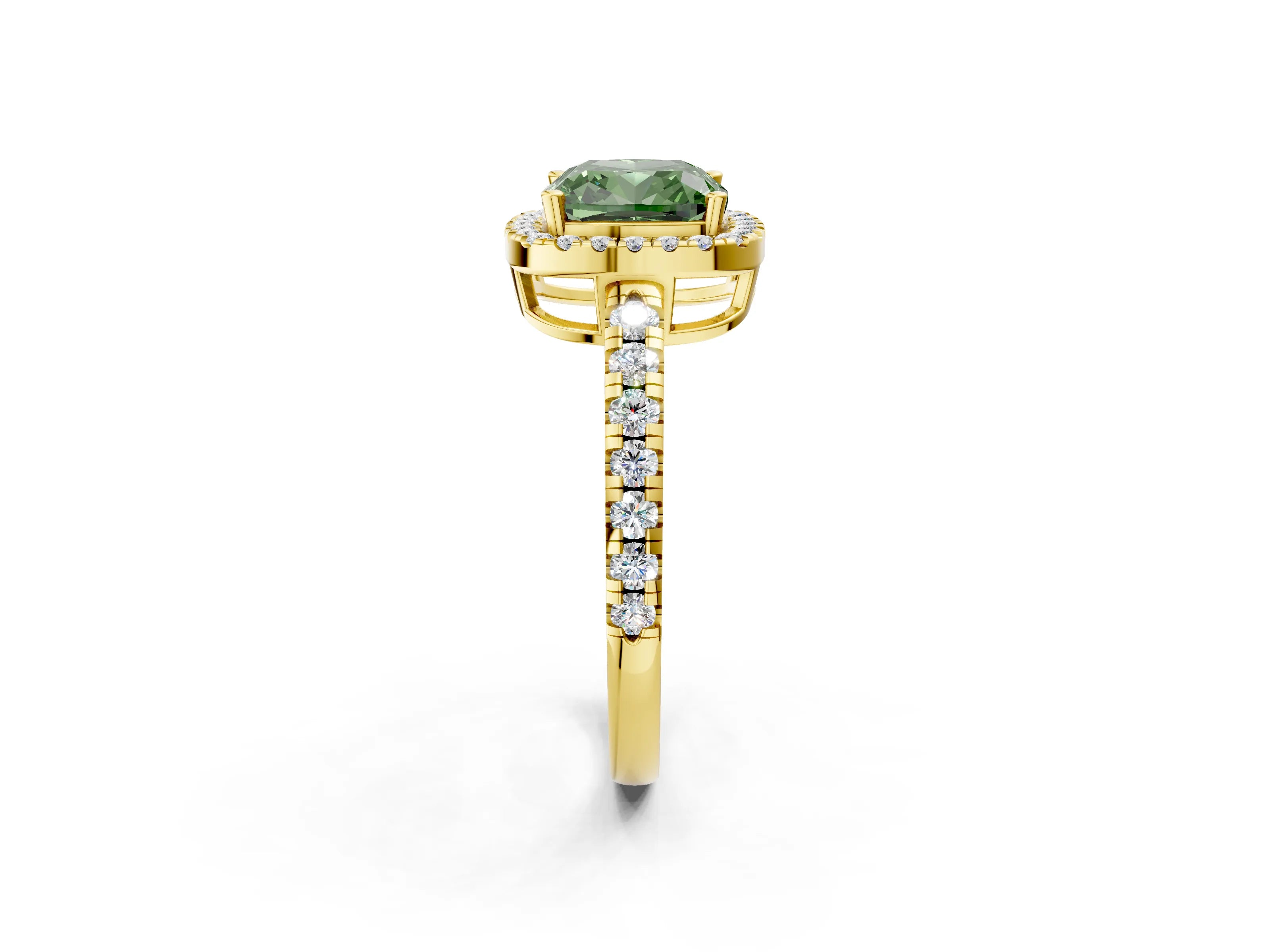 Yellow gold Fancy Green Cushion Cut Diamond Halo Ring with Pavé Band and Four-Prong Setting_2