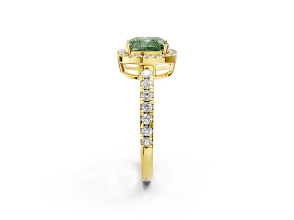 Yellow gold Fancy Green Cushion Cut Diamond Halo Ring with Pavé Band and Four-Prong Setting