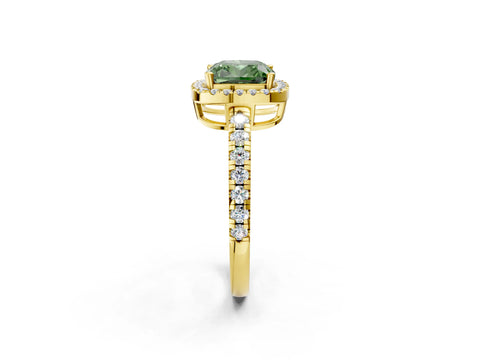 Yellow gold Fancy Green Cushion Cut Diamond Halo Ring with Pavé Band and Four-Prong Setting_2